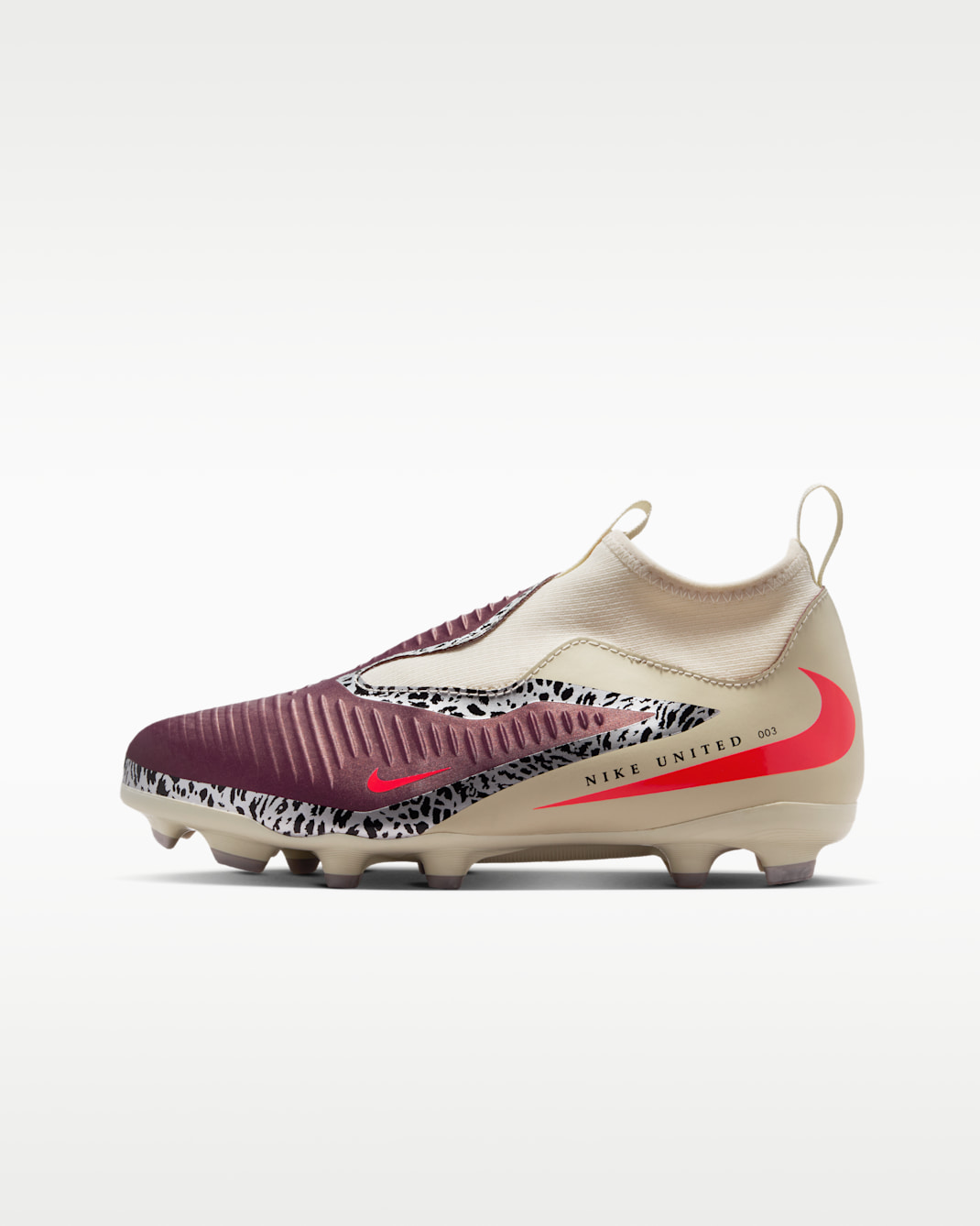 Nike United Jr Phantom 6 High Academy Older Kids' Multi-Ground Football Boot - Burgundy Crush/Fossil/University Red