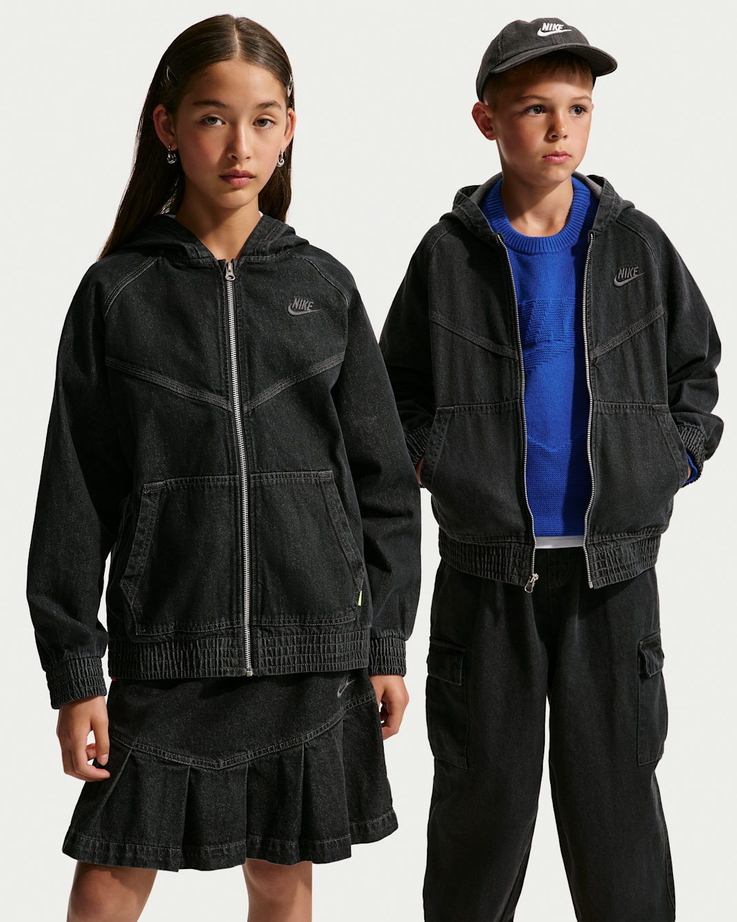 Nike Sportswear Collection Older Kids' Full-Zip Hooded Denim Jacket - Black/Anthracite/Anthracite/Anthracite