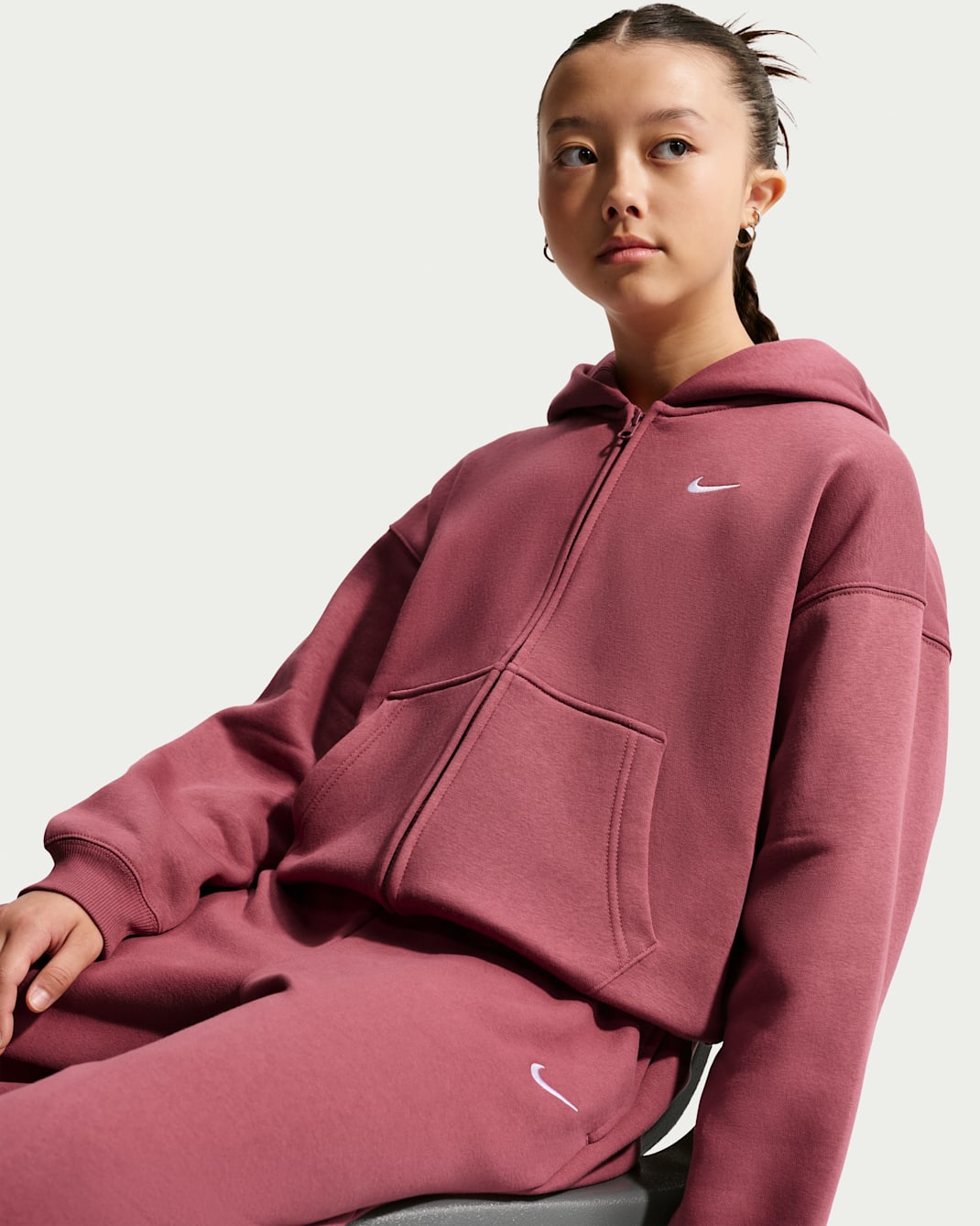 Nike Sportswear Studio Fleece Oldrr Kids' (Girls') Oversized Full-Zip Hoodie - Pink Smoke/White