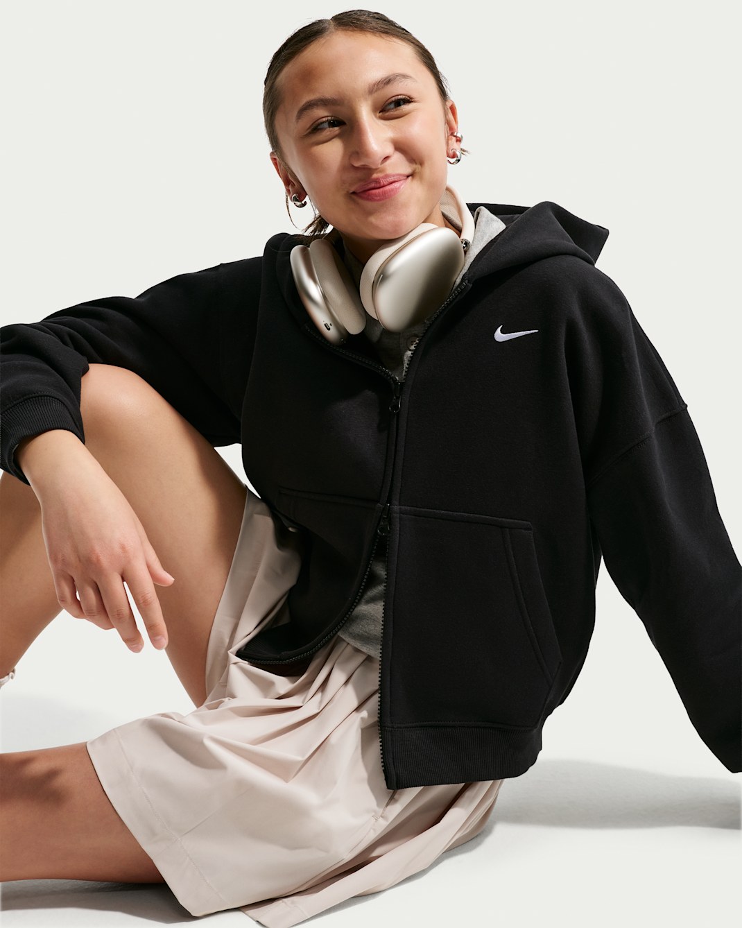 Nike Sportswear Studio Fleece Oldrr Kids' (Girls') Oversized Full-Zip Hoodie - Black/White