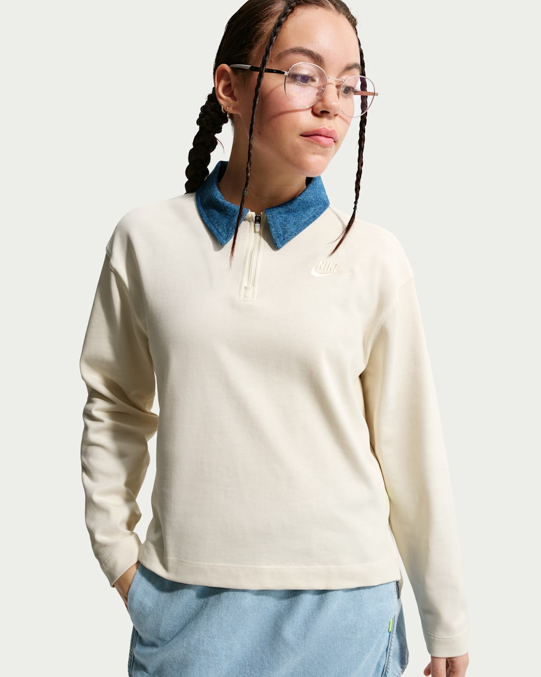 Nike Sportswear Collection Older Kids' (Girls') Long-Sleeve Polo Top - Soft Pearl/Mystic Navy/Soft Pearl