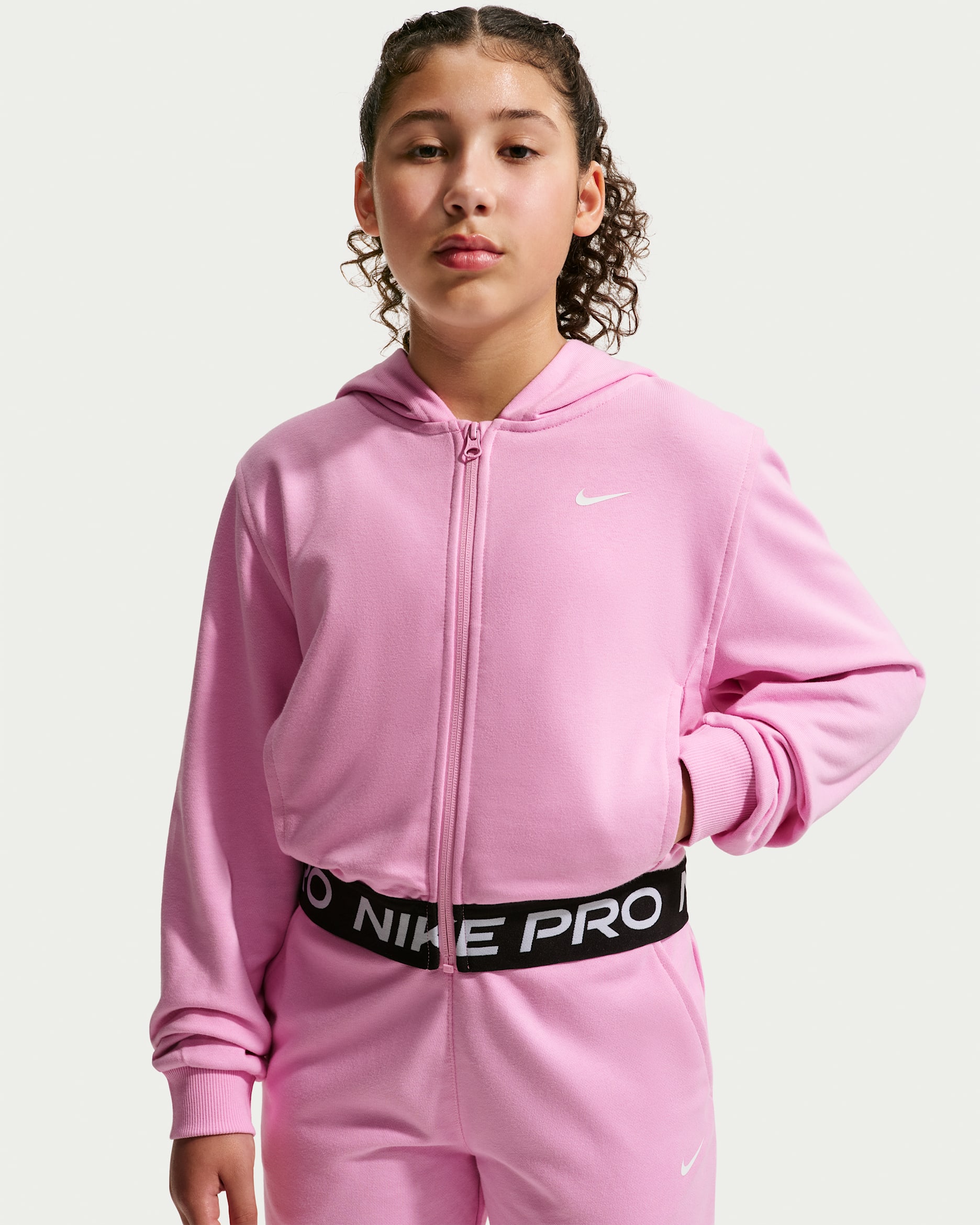 Nike Pro Fleece Older Kids' (Girls') Dri-FIT Full-Zip Hoodie - Pink Rise/Pink Rise/Black/White