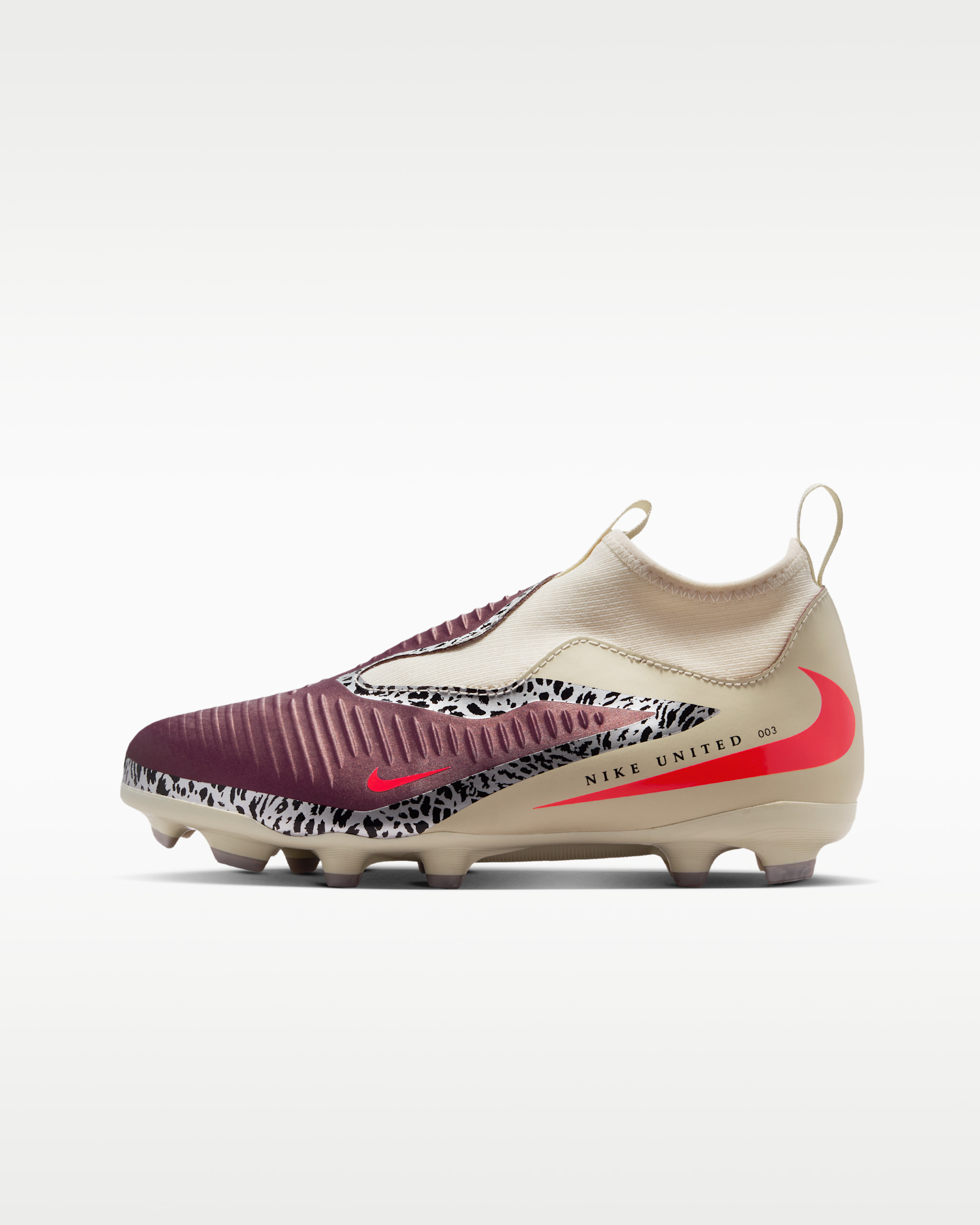 Nike United Jr Phantom 6 High Academy Older Kids' Multi-Ground Football Boot - Burgundy Crush/Fossil/University Red