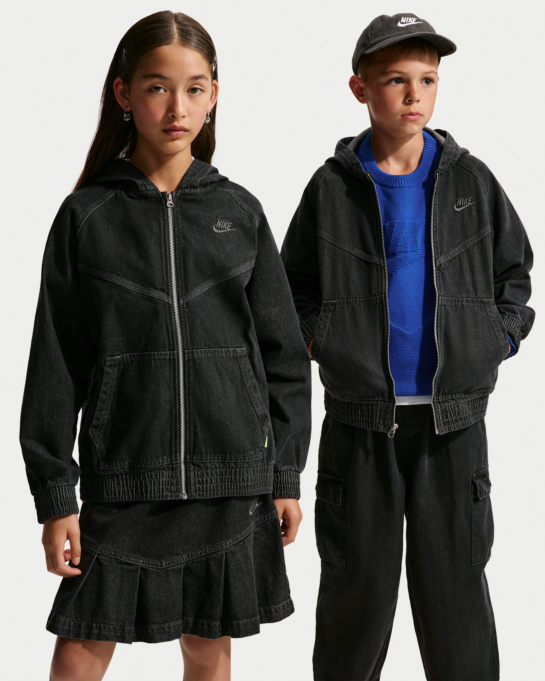 Nike Sportswear Collection Older Kids' Full-Zip Hooded Denim Jacket - Black/Anthracite/Anthracite/Anthracite