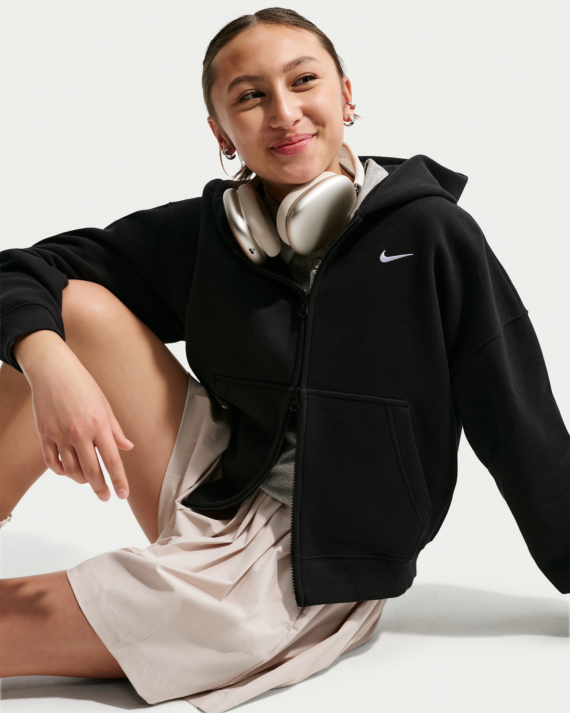 Nike Sportswear Studio Fleece Oldrr Kids' (Girls') Oversized Full-Zip Hoodie - Black/White